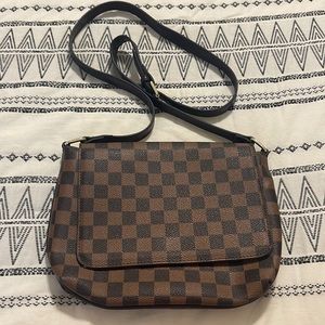 Brown checkered print flap crossbody